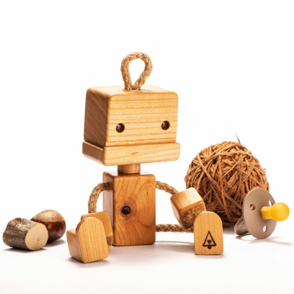Cute wooden robot toy from cherry wood and hemp, handmade and sustainable