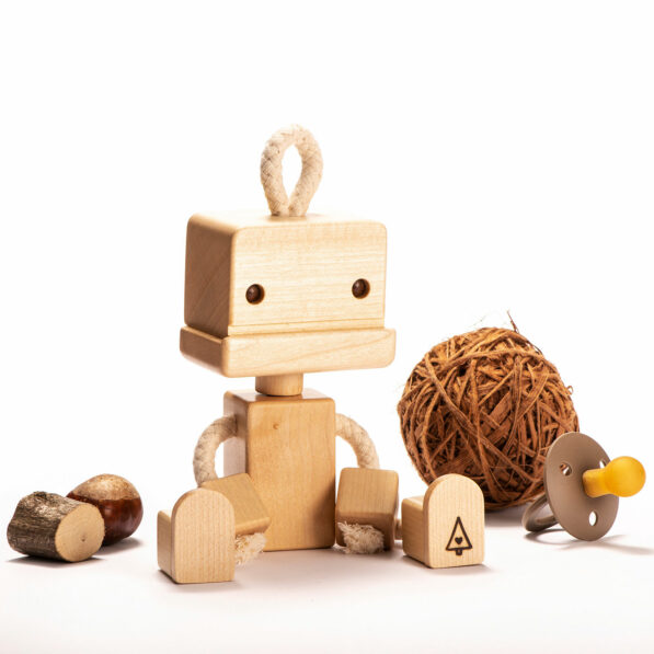 Cute wooden robot toy from maple wood and cotton, handmade and sustainable