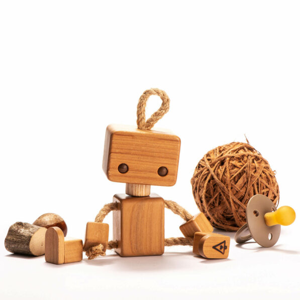 cute wooden baby robot, made from cherry wood and hemp