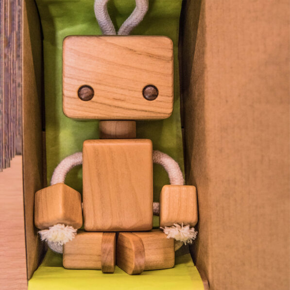 Wooden robot toy in box