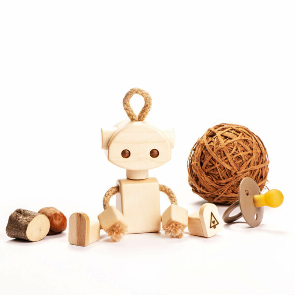 cute wooden robot toy, handmade and all-natural, made by maple wood and hemp