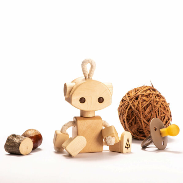 cute wooden robot toy, handmade and all-natural, made by maple wood and cotton