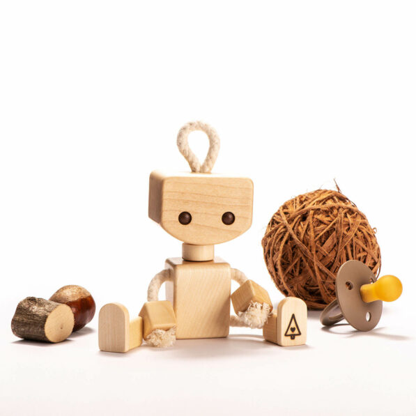 wooden robot toy from maple wood and cotton
