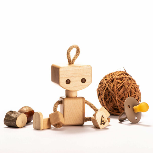 wooden robot toy from maple wood and hemp