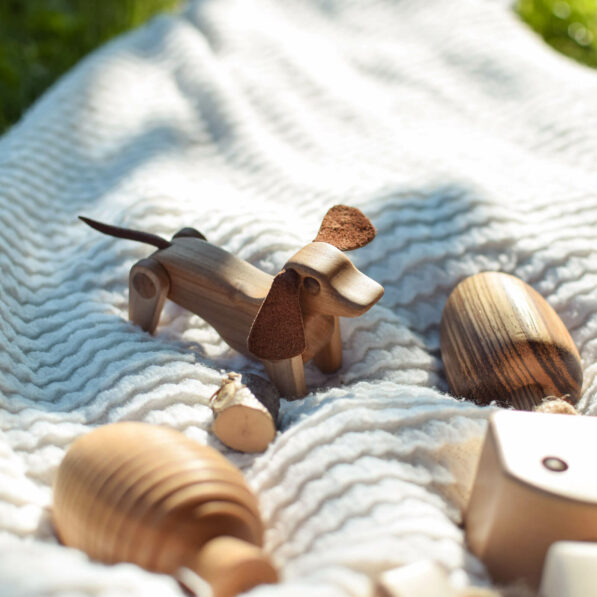 Wooden toys on a blanket