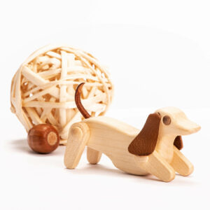 wooden dog toy playing pose