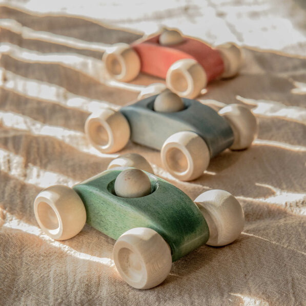 Three cute wooden cars in red green and blue colour